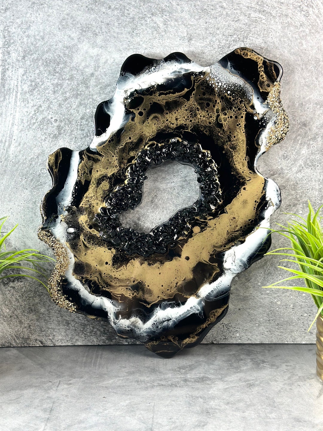CUSTOM Black and Gold Geode Wall Art Wall Sculpture Black Resin Geode