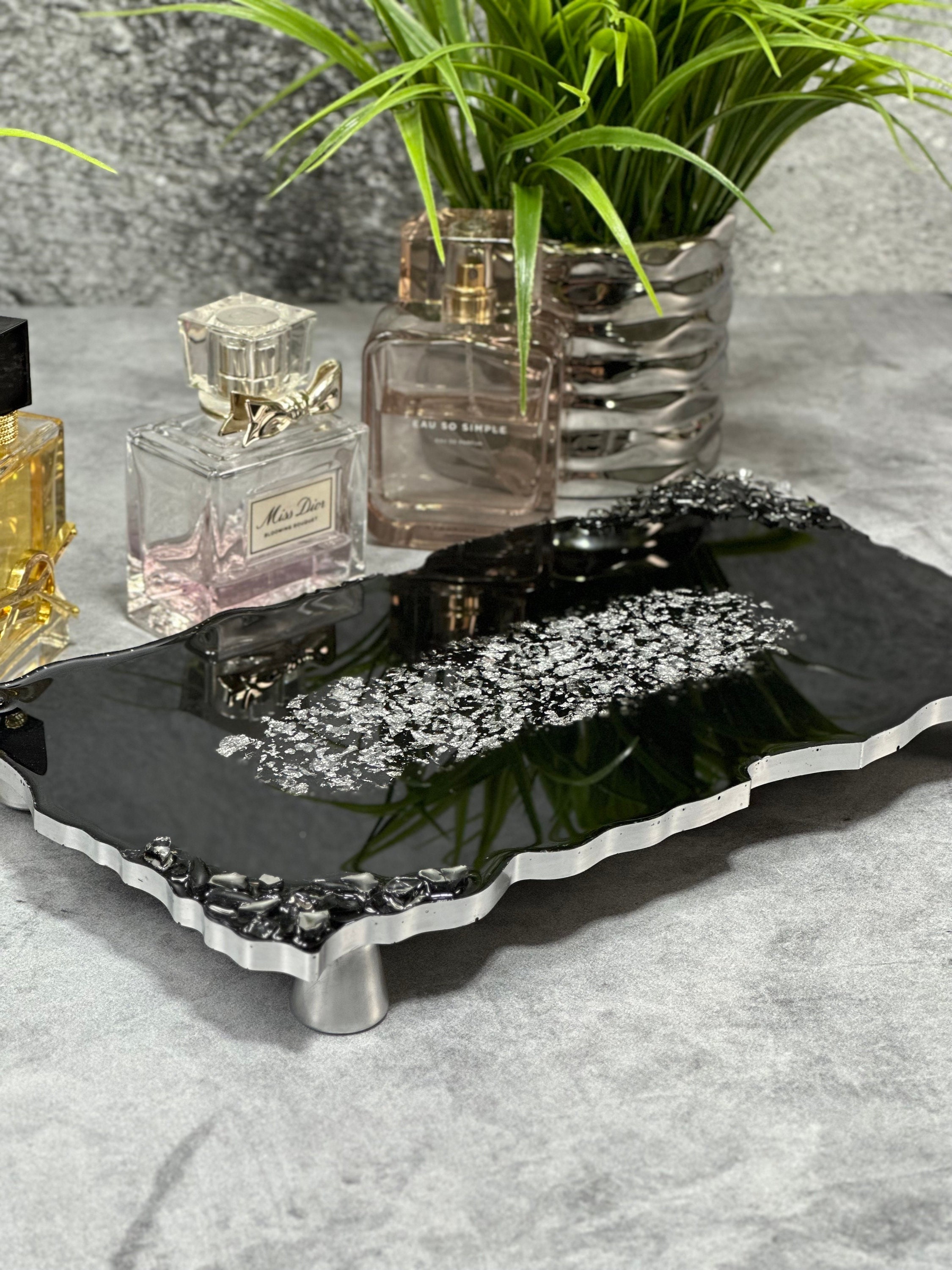 Black and Silver Perfume Vanity Tray Decor Tray Black Riser Stand for Jewelry Tray Classy Makeup Tray Black Perfume Display Stand