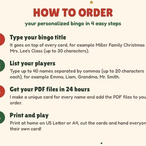 How to order the personalized Christmas bingo: type your title, list up to 40 player names, get your PDF files in 24 hours