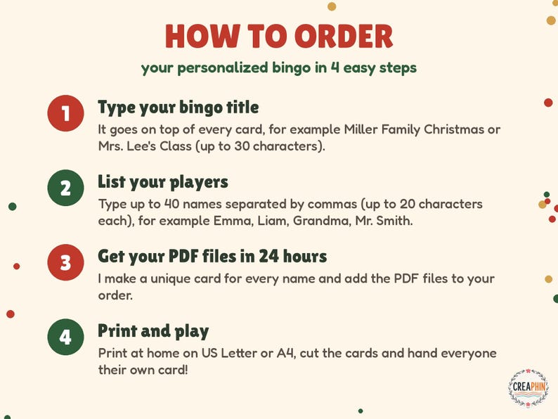 How to order the personalized Christmas bingo: type your title, list up to 40 player names, get your PDF files in 24 hours