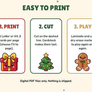 Easy to print Christmas bingo: print on US Letter or A4, cut and play