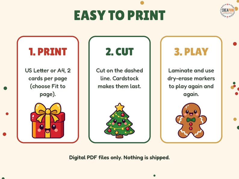 Easy to print Christmas bingo: print on US Letter or A4, cut and play