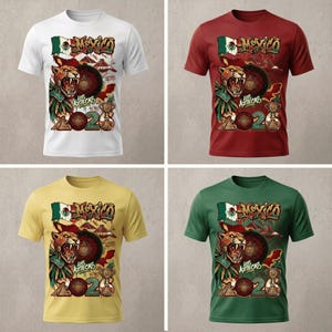 May include: A short-sleeve t-shirt available in white, red, yellow, or green, featuring a graphic print of an Aztec warrior, the Mexican flag, pyramids, a trophy, and the text "MEXICO", "LOS AZTECAS", "EL TRI", and the year "2026" on the front.