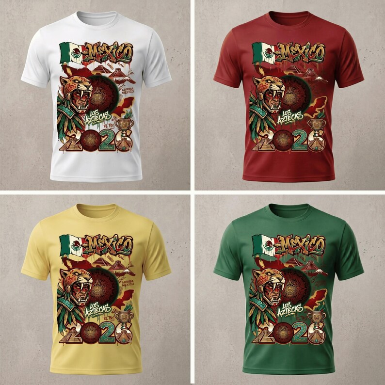 May include: A short-sleeve t-shirt available in white, red, yellow, or green, featuring a graphic print of an Aztec warrior, the Mexican flag, pyramids, a trophy, and the text "MEXICO", "LOS AZTECAS", "EL TRI", and the year "2026" on the front.