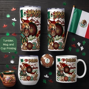 May include: Two tall tumblers, one stemless wine tumbler, and one ceramic mug featuring a Mexico-themed graphic with an Aztec warrior, pyramids, the Mexican flag, and the text "MEXICO" and "LOS AZTECAS 2026". A small soccer ball and a flag are included.