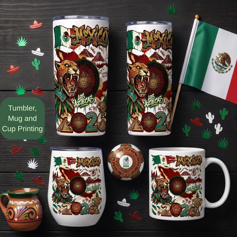 May include: Two tall tumblers, one stemless wine tumbler, and one ceramic mug featuring a Mexico-themed graphic with an Aztec warrior, pyramids, the Mexican flag, and the text "MEXICO" and "LOS AZTECAS 2026". A small soccer ball and a flag are included.