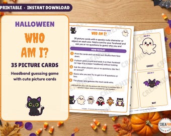 May include: A printable Halloween Who Am I? headband guessing game featuring 35 picture cards. The set includes instruction sheets with rules and examples of cards showing a ghost, bat, cat, mummy, vampire, scarecrow, and owl in a cartoon style.