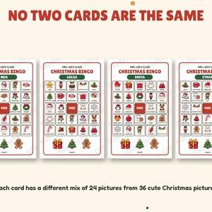 Every personalized Christmas bingo card is unique with a different mix of pictures