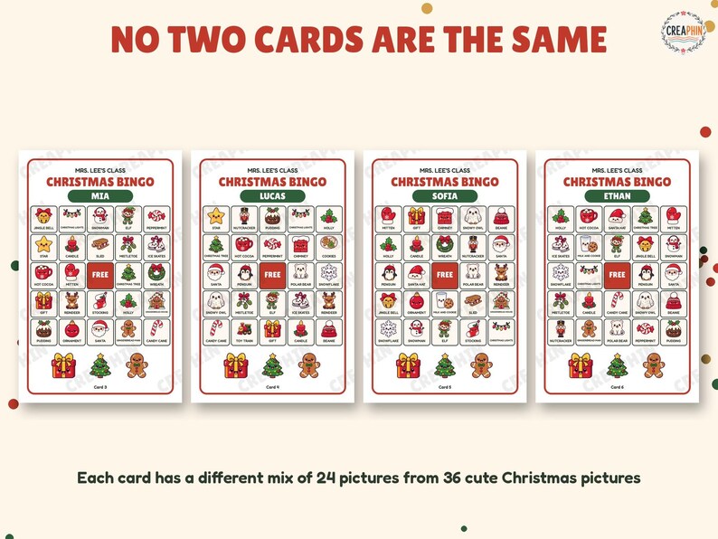 Every personalized Christmas bingo card is unique with a different mix of pictures