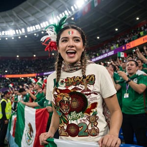 May include: A cream-colored t-shirt featuring a graphic print of an Aztec warrior, a calendar stone, pyramids, and the text "MEXICO", "LOS AZTECAS", "ARRIBA MEXICO", and "2026". The shirt is worn by a person with braided hair and a feather headpiece.
