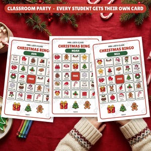 Classroom Christmas bingo cards with student names for a class party