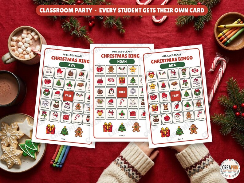Classroom Christmas bingo cards with student names for a class party