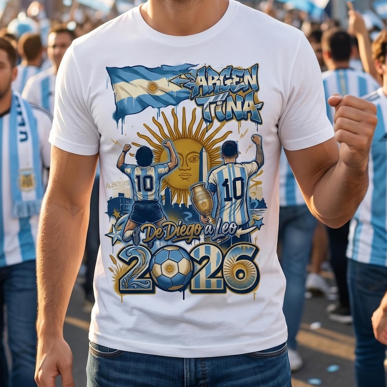 May include: A white t-shirt featuring a graphic print of the Argentine flag, a sun emblem, and two football players wearing number 10 jerseys. The design includes the text "ARGENTINA", "De Diego a Leo", and "2026" alongside a football illustration.