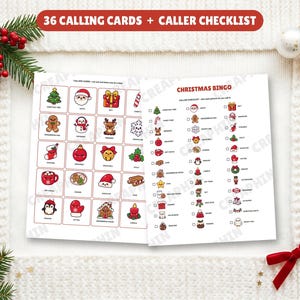 Christmas bingo calling cards and caller checklist with 36 cute Christmas pictures