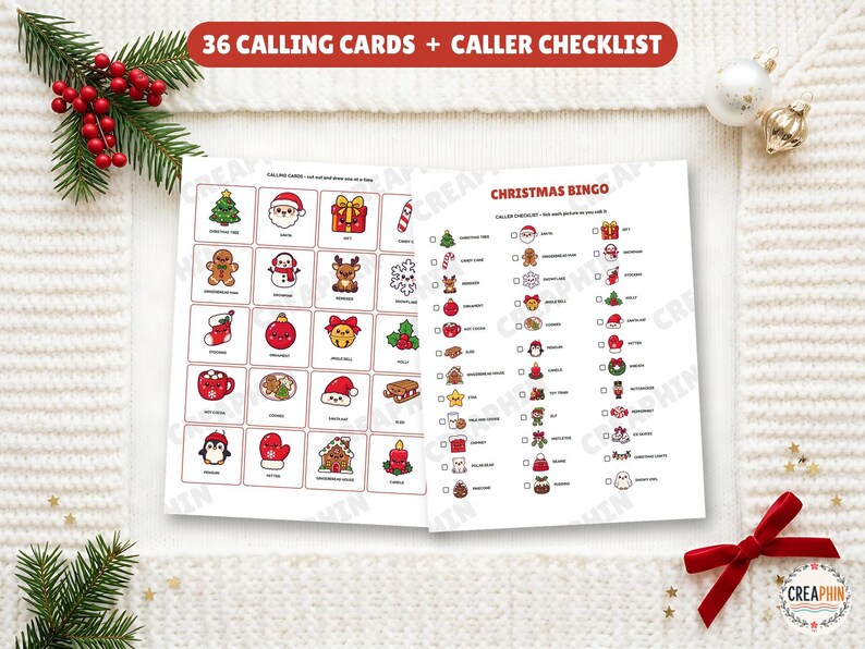 Christmas bingo calling cards and caller checklist with 36 cute Christmas pictures