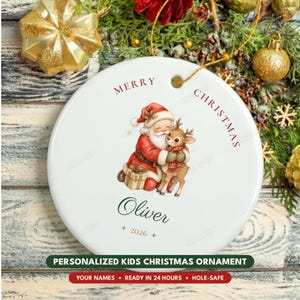 Adorno navideño infantil PNG, adorno personalizado con nombre, Papá Noel y renos, diseño personalizado de sublimación para recuerdo infantil 2026
