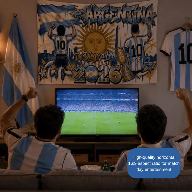 May include: A large horizontal wall tapestry featuring the text Argentina and De Diego a Leo 2026, with illustrations of two football players wearing number 10 jerseys, a golden sun, a trophy, and a football, displayed above a television screen.