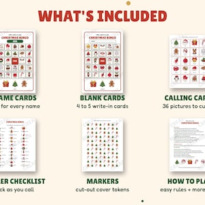 What's included: name bingo cards, blank write-in cards, 36 calling cards, caller checklist, markers and how to play page