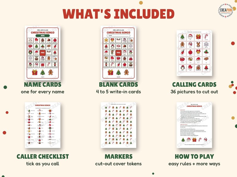 What's included: name bingo cards, blank write-in cards, 36 calling cards, caller checklist, markers and how to play page