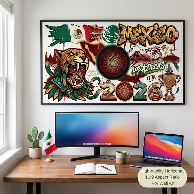 May include: A horizontal wall art print featuring a Mexican flag, a jaguar warrior, the text MEXICO, LOS AZTECAS, and EL TRI, a circular Aztec calendar, a trophy, and the year 2026. The design incorporates vibrant colors, graffiti-style lettering, and cultural symbols on a white background.