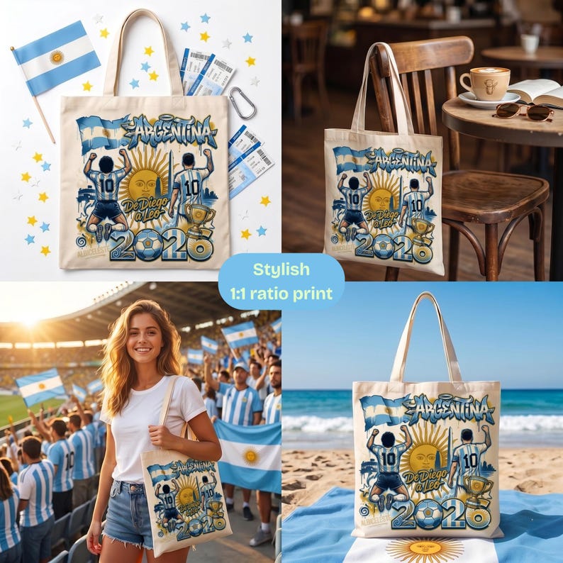 May include: A beige canvas tote bag featuring a graphic print of two football players wearing number 10 jerseys, the Argentine flag, a sun icon, a trophy, and the text Argentina, De Diego a Leo, and 2026 in blue and gold tones.