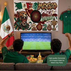 May include: A rectangular wall tapestry featuring a vibrant Mexican-themed graphic with a jaguar warrior, the text MEXICO, LOS AZTECAS, EL TRI, and the year 2026. The design includes a central Aztec calendar, pyramids, and a golden trophy cup.
