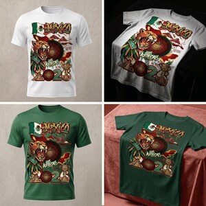 May include: A short-sleeve t-shirt featuring a graphic print of an Aztec warrior in a jaguar headdress, the Mexican flag, pyramids, a trophy, and the text "MEXICO", "LOS AZTECAS", "ARRIBA MEXICO", and "2026" in a multi-colored artistic design.