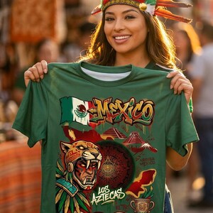 May include: A green t-shirt featuring a graphic print with the text MEXICO, LOS AZTECAS, and 2026. The design includes a jaguar warrior, the Mexican flag, ancient pyramids, a circular calendar stone, and a trophy cup in red, gold, and green colors.