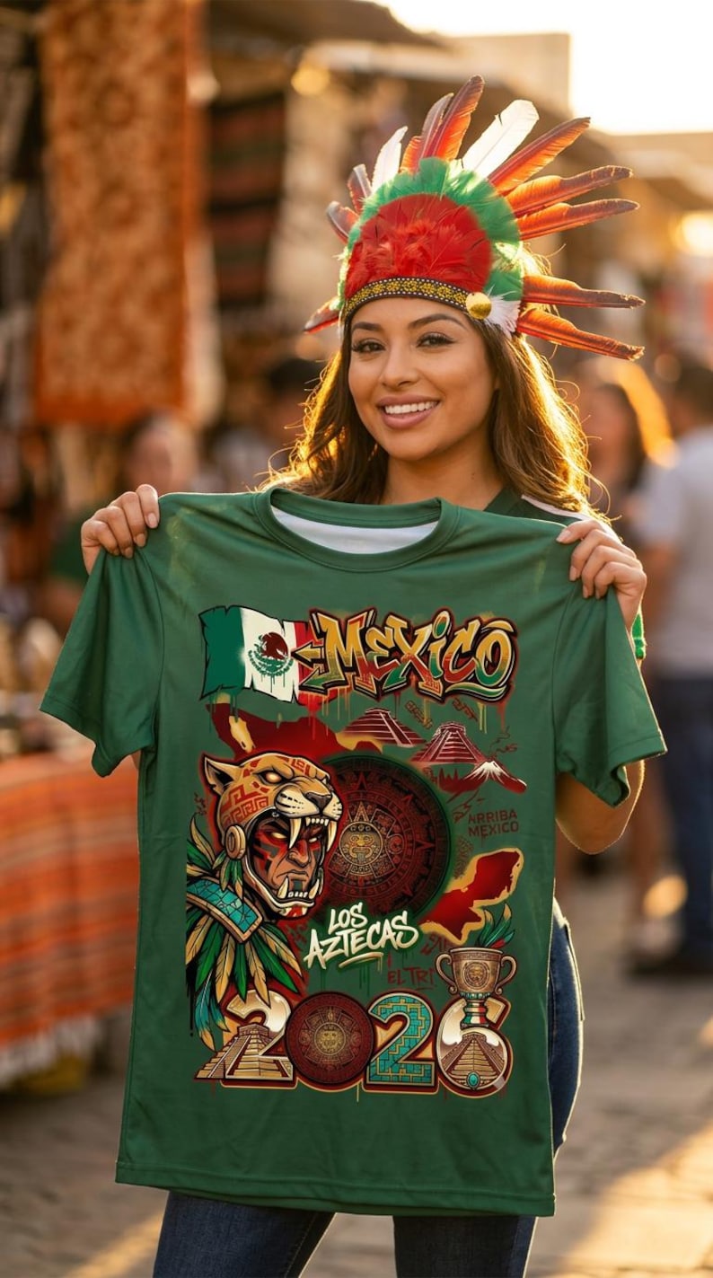 May include: A green t-shirt featuring a graphic print with the text MEXICO, LOS AZTECAS, and 2026. The design includes a jaguar warrior, the Mexican flag, ancient pyramids, a circular calendar stone, and a trophy cup in red, gold, and green colors.