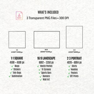 May include: A digital file information graphic titled WHAT'S INCLUDED, listing 3 Transparent PNG Files at 300 DPI. It displays three rectangular outlines labeled 1:1, 16:9, and 2:3 with pixel dimensions and lists of compatible items like mugs, shirts, and banners.