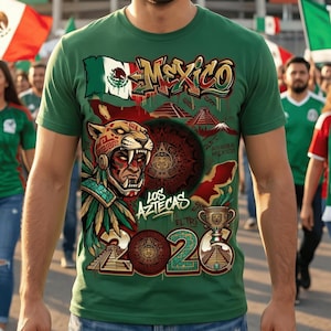 May include: A green t-shirt featuring a graphic print of an Aztec warrior wearing a jaguar headdress, the text "MEXICO", "LOS AZTECAS", "2026", and "ARRIBA MEXICO", along with illustrations of the Mexican flag, pyramids, and a calendar stone.