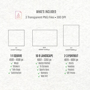 May include: A digital file information graphic titled WHAT'S INCLUDED, listing 3 Transparent PNG Files at 300 DPI. It displays three rectangular outlines labelled 1:1, 16:9, and 2:3 with pixel dimensions and lists of compatible items like mugs, shirts, and banners.