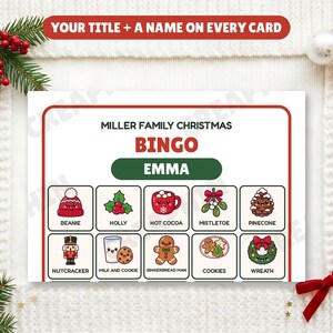 Close-up of a personalized Christmas bingo card with the title Miller Family Christmas and the name Emma