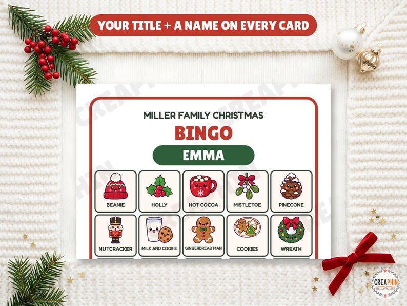 Close-up of a personalized Christmas bingo card with the title Miller Family Christmas and the name Emma