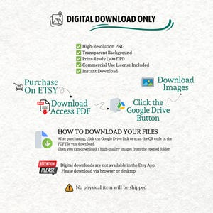 May include: An instructional graphic for a digital download featuring the text DIGITAL DOWNLOAD ONLY, listing features like High-Resolution PNG, Transparent Background, Print-Ready 300 DPI, Commercial Use License, and Instant Download. Includes steps to download files via Google Drive.