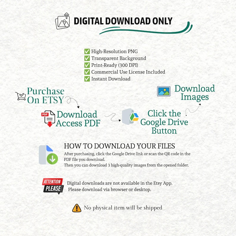 May include: An instructional graphic for a digital download featuring the text DIGITAL DOWNLOAD ONLY, listing features like High-Resolution PNG, Transparent Background, Print-Ready 300 DPI, Commercial Use License, and Instant Download. Includes steps to download files via Google Drive.