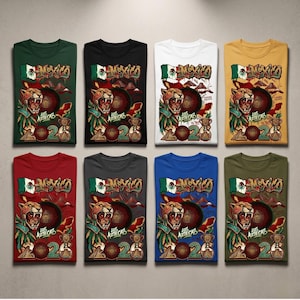 May include: Eight t-shirts in various colors, each featuring a graphic print of a jaguar warrior, the Mexican flag, a pyramid, a trophy, and the text "MEXICO", "LOS AZTECAS", and "2026". The shirts are arranged in two rows of four.