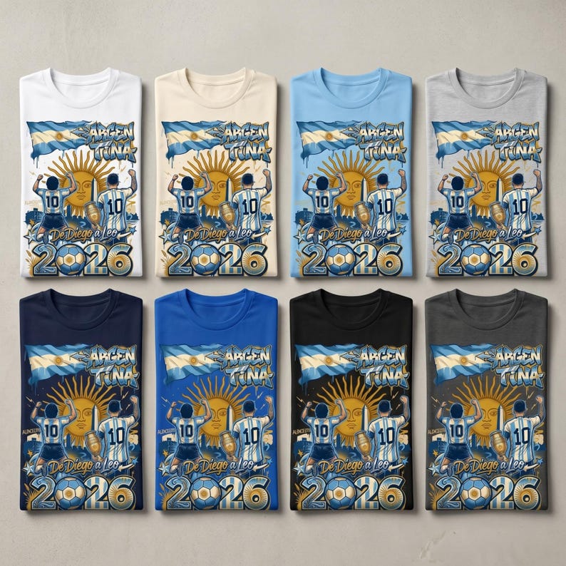 May include: Eight t-shirts in various colours featuring a graphic print of the Argentina flag, a sun, a football player with the number 10, a trophy, and the text "ARGENTINA" and "De Diego a Leo 2026" displayed in a stylised blue and gold font.