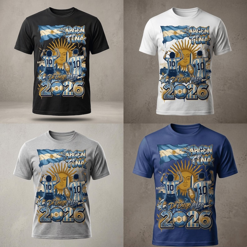 May include: A short-sleeved t-shirt featuring a graphic print of two football players wearing number 10 jerseys, the Argentine flag, a sun emblem, a football, and the text "ARGENTINA" and "De Diego a Leo 2026" in blue, white, and gold colours.