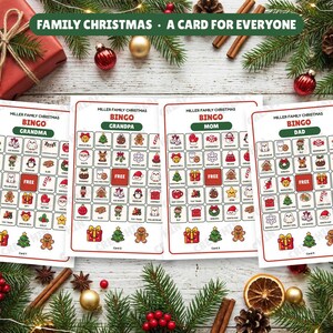 Family Christmas bingo cards with the names Grandma, Grandpa, Mom and Dad