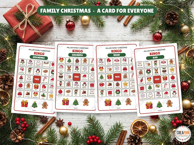 Family Christmas bingo cards with the names Grandma, Grandpa, Mom and Dad