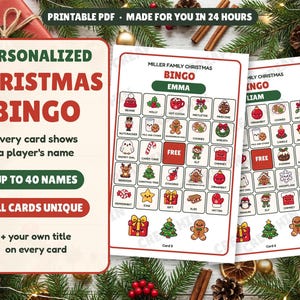 Personalized Christmas bingo cards with names: Miller Family Christmas bingo cards for Emma and Liam on a festive table