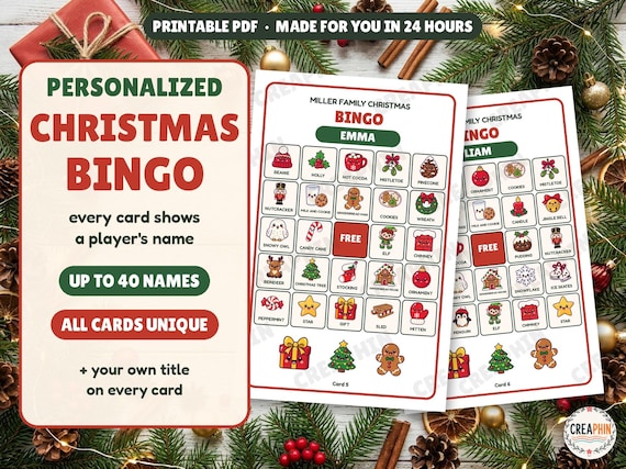 Christmas Bingo Personalized with Names, Custom Christmas Bingo Cards for Family or Classroom Party, Printable Picture Bingo Game