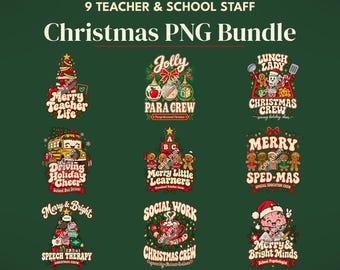 May include: A digital collection of nine Christmas-themed graphic designs for teachers and school staff, featuring illustrations of gingerbread people, school buses, and holiday trees with text including Merry Teacher Life and Jolly Para Crew.