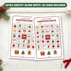 Blank Christmas bingo cards with a write-in name line for extra guests