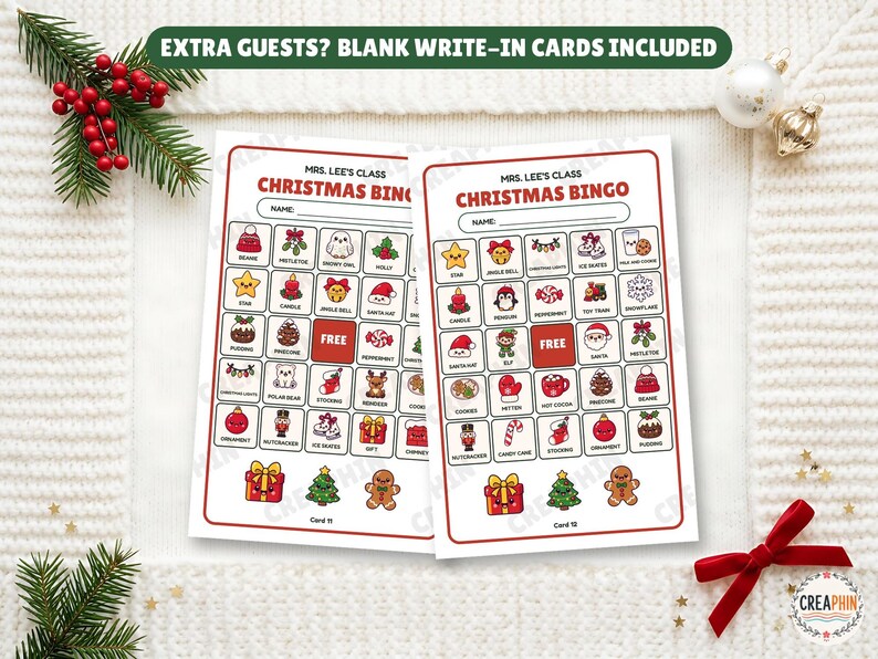 Blank Christmas bingo cards with a write-in name line for extra guests