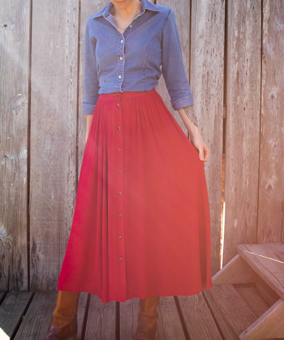 90s Red Button Down Textured Midi/Maxi Skirt - S - image 1