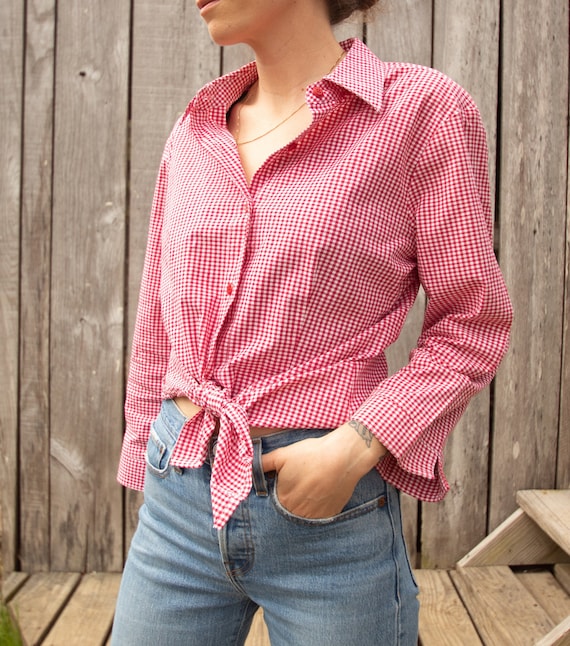 Cotton Gingham Button Down Blouse - M - image 1