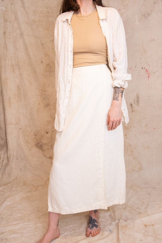 White 100% Linen Midi Wrap Skirt - S