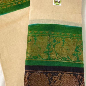 Pure Handloom Madurai Sungudi Cotton Double Border Saree in Cream Body w/Green & Black Gold Zari BorderFestive Party WearSouth Indian Sari image 4